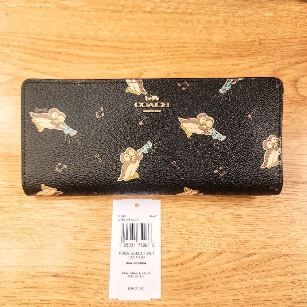 Coach Black Leather Penguin Trumpet Music Notes Slim Zip Wallet